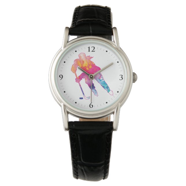 Montre Joueuse de hockey rose féminin Watercolor Watch (devant)