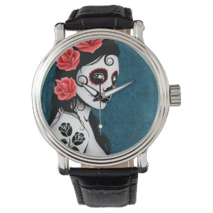 Montre Jour de la fille morte de crâne de sucre - bleu