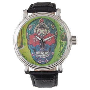 Montre Jour du crâne funky bleu et vert de sucre mort