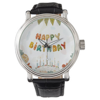 Montre Joyeuse fleur de gâteau d'anniversaire mignon colo