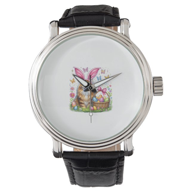 Montre Joyeuses Pâques Lapin Mignon Chat Maine Coon Œufs  (devant)