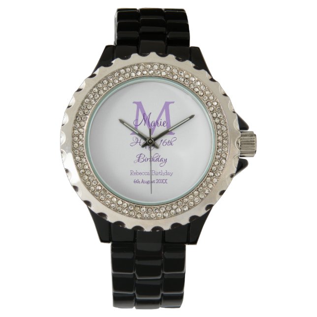 Montre Joyeux 16e anniversaire violet ajouter nom monogra (devant)
