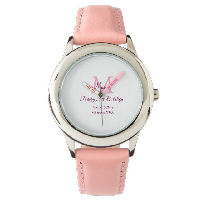 Montre Joyeux 21e Anniversaire rose ajouter nom monogramm (devant)