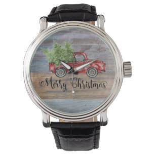 Montre Joyeux Noël Bois Rustique Et Camion Rouge Mignonne