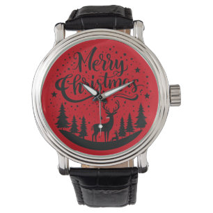 Montre Joyeux Noël classique Cerfs et Arbre Design Art