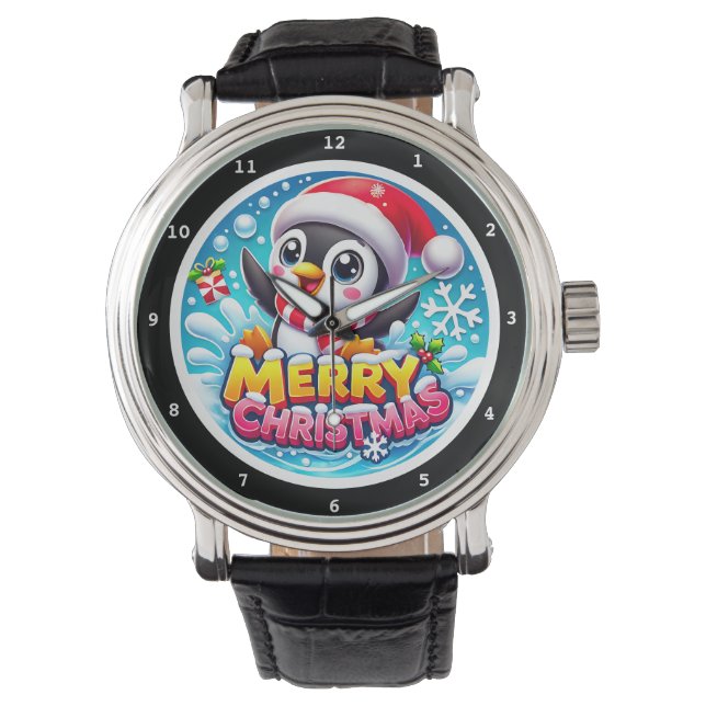Montre Joyeux Noël Pingouin éclaboussures d'eau (devant)