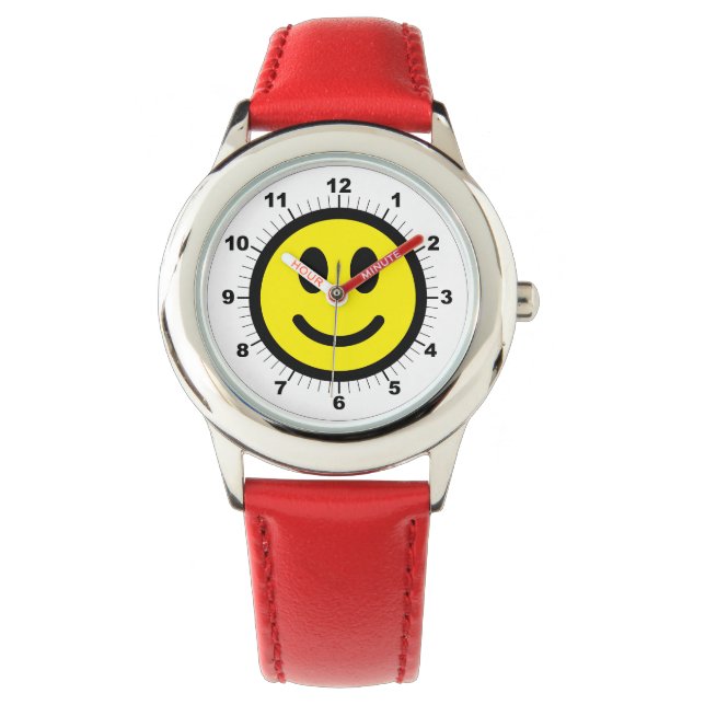 Montre Joyeux visage Rouge bracelet en cuir pour enfant (devant)