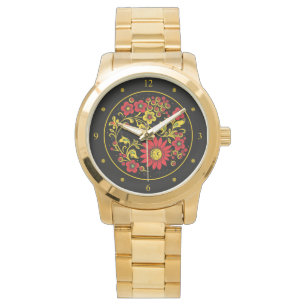 Montre Khokhloma ~ Art folklorique russe ~ Fleurs rouges/