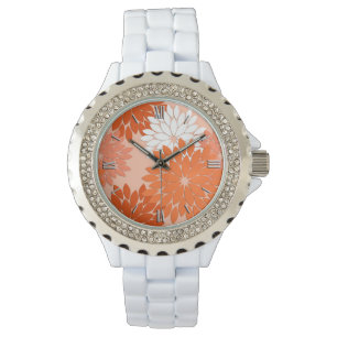Montre Kimono floral moderne Impression, Coral Orange sur