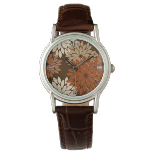 Montre Kimono floral moderne imprimé, Brown foncé et bron