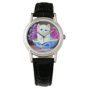 Montre Kitten blanc vintage aux fleurs roses