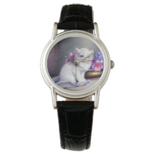 Montre Kitten blanc vintage aux fleurs roses et violettes