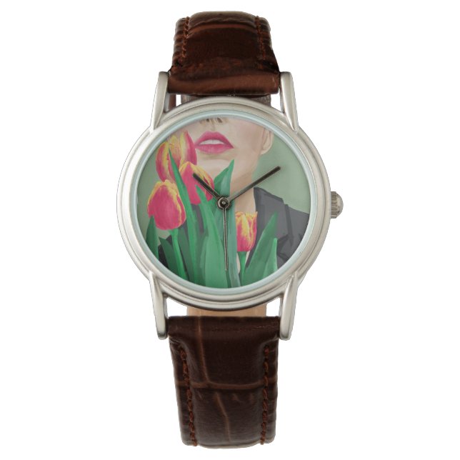 Montre Lady Avec Tulip Green & Orange Modern Graphisme (devant)