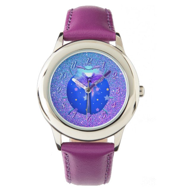 Montre Ladybug bleu étoiles parties scintillant mignonne  (devant)