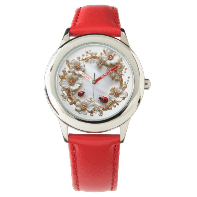 Montre Ladybugs perles blanches Fleurs d'émail or (devant)