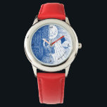 Montre Laissez le soleil briller en rouge<br><div class="desc">Cette montre fantaisiste montre une jeune fille ouvrant sa porte au soleil. Il peut être personnalisé avec une ligne de texte. Un grand cadeau pour n'importe quelle fille.</div>