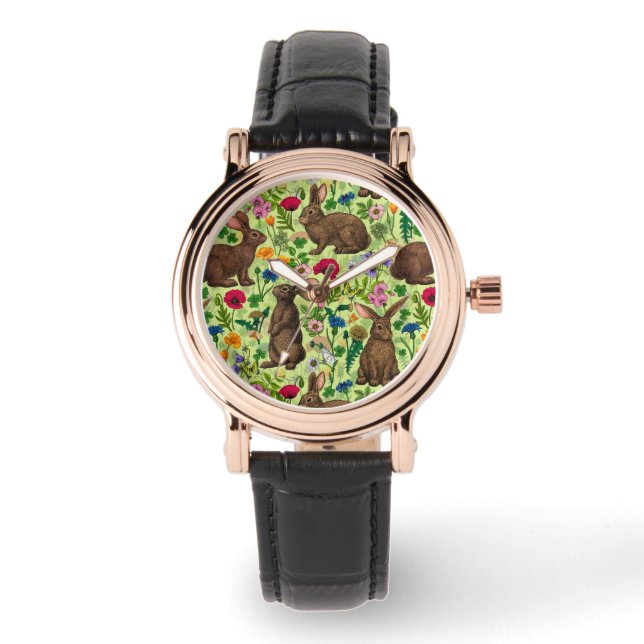 Montre Lapins et fleurs sauvages sur le vert miel (Recto)