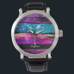 Montre Le nom de Brush Strokes<br><div class="desc">Purple, or, rose et Blue Glitter et Stars Brush Strokes with DIY Name in white script on a black background. Makes a great venin.</div>
