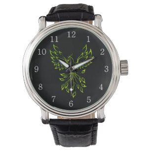Montre Le Phoenix vert se lève sur le noir w blanc chiffr