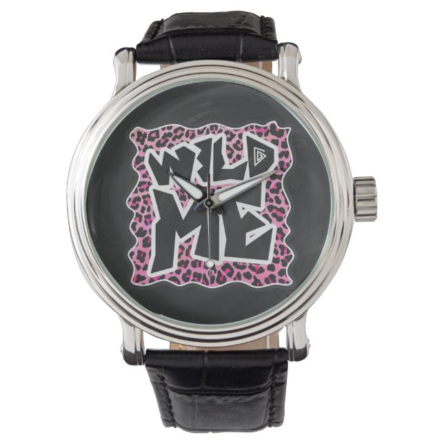 Montre Leopard Wild Me Noir et rose chaud (devant)