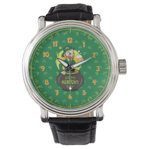 Montre Leprechaun de dessin dans une casserole d'or tenan