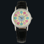 Montre les années 50 Retro Starburst atomique moderne Mid<br><div class="desc">Cette montre minimaliste s'inspire des horloges atomiques rétro des années 1950. Les chiffres blancs sont en cercles de différentes nuances vintages de rose et de bleu. Ils araignent vers l'extérieur d'un centre rond dans une teinte gris-bleu qui compte les secondes / minutes. C'est un design moderne, simple et audacieux du...</div>