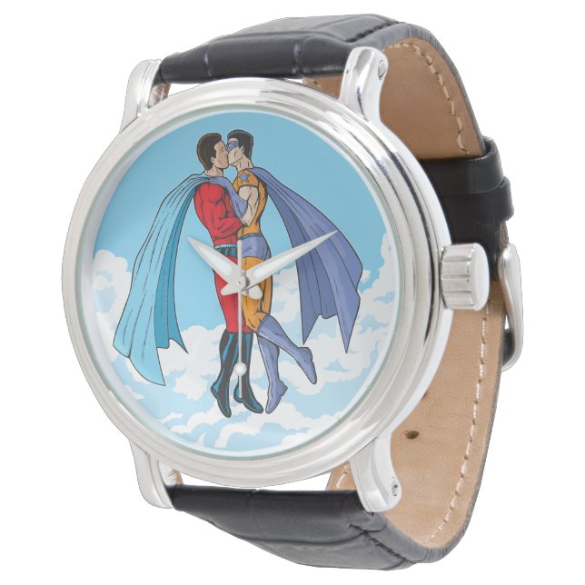 Montre Les deux superhéros de SlipperyJoe embrassant un v (Incliné)