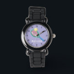 Montre Les filles mignonne Sport Violet Tennis Enfants<br><div class="desc">Cette petite fille mignonne et moderne montre une raquette et un ballon de tennis,  avec un arrière - plan violet. La montre sportive peut être personnalisée avec votre nom de filles,  et des chiffres clairs,  le cadeau parfait pour tout amateur de sport.</div>