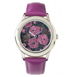 Montre Les pivoines et les brins sur gris foncé