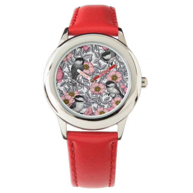 Montre Les poulets dans la nature rose, rose et gris (devant)