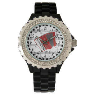 Montre Let's Polka, accordéon rouge sur partitions