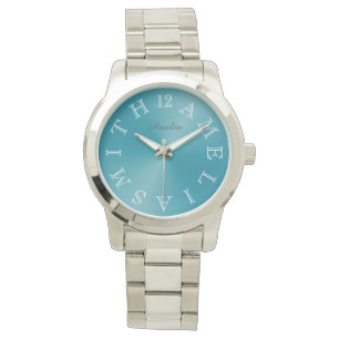 Montre Lettre blanche personnalisée Cadran bleu Turquoise