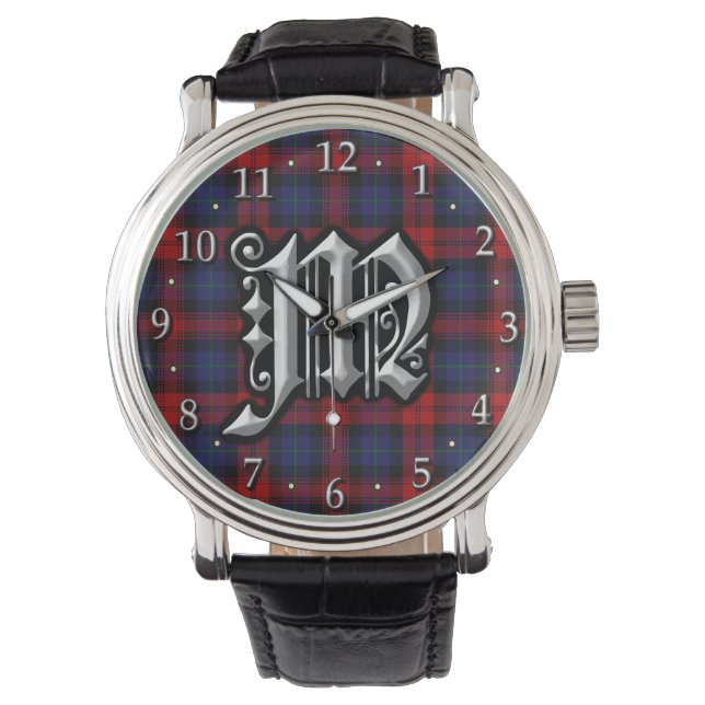 Montre Lettre Clan MacLachlan M Monogramme Tartan Bleu Ro (devant)
