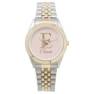 Montre Lettre de nom personnalisée E Rose blush rose feui