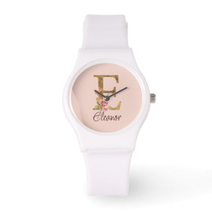 Montre Lettre de nom personnalisée E Roses rose poudré fe