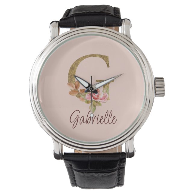Montre Lettre de nom personnalisée G Roses roses blush fe (devant)