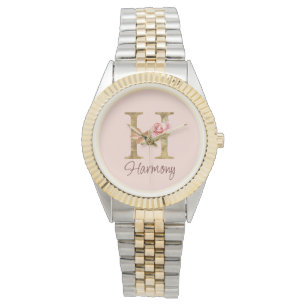Montre Lettre de nom personnalisée H Rose poudré Roses Fe