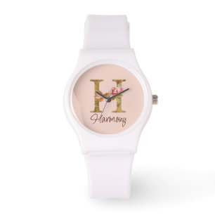 Montre Lettre de nom personnalisée H Roses roses blush fe