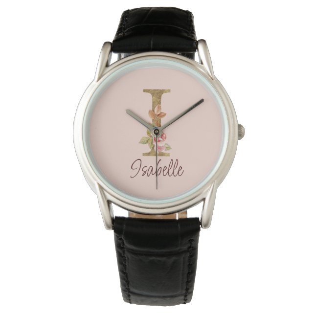 Montre Lettre de nom personnalisée I Roses roses blush fe (devant)