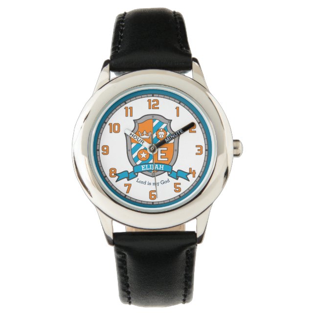Montre lettre E nom Elijah crête lion orange enfants (devant)