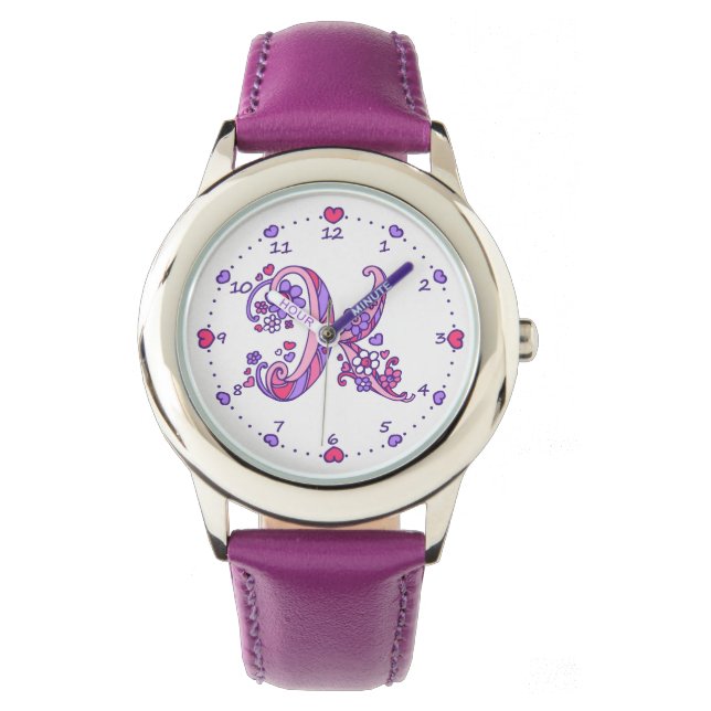 Montre Lettre K monogramme initial doodé coeur filles reg (devant)