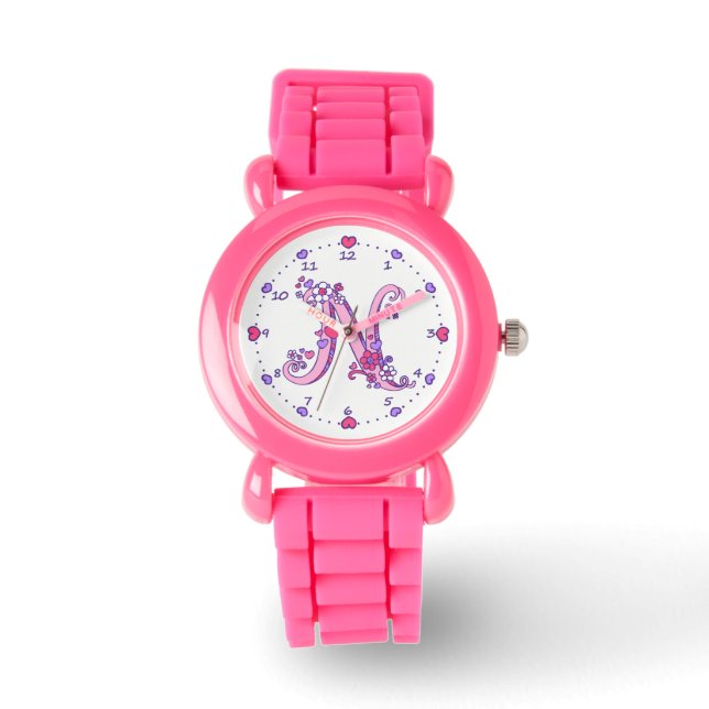Montre Lettre N rose monogramme fille personnalisée regar (Recto)