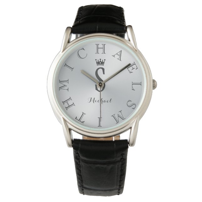 Montre Lettre noire personnalisée Dial Argent Gradient (devant)