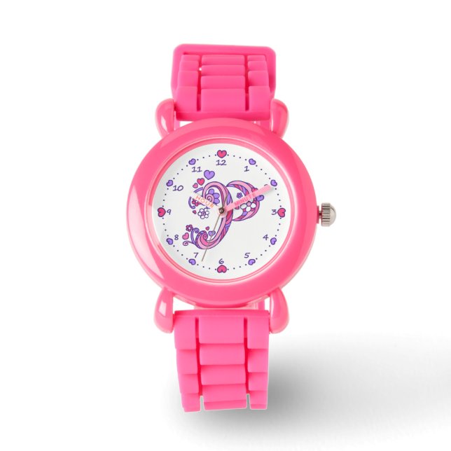 Montre Lettre P rose monogramme personnalisé filles regar (Recto)