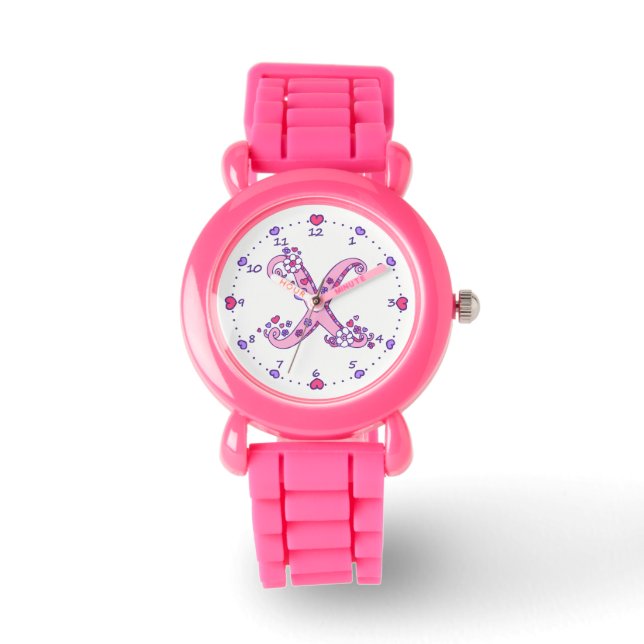 Montre Lettre X rose monogramme personnalisé filles regar (Recto)