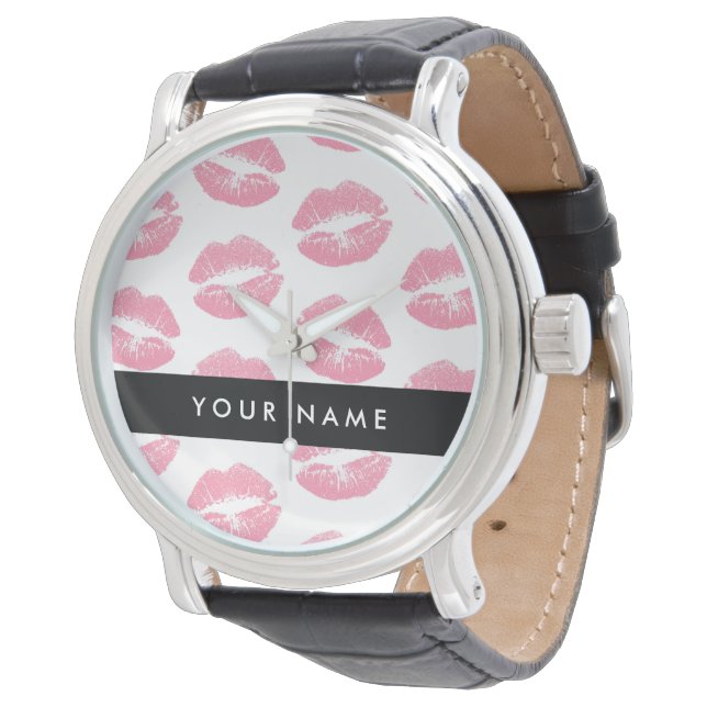 Montre Lèvres roses, baiser, rouge à lèvres, votre nom, p (Incliné)