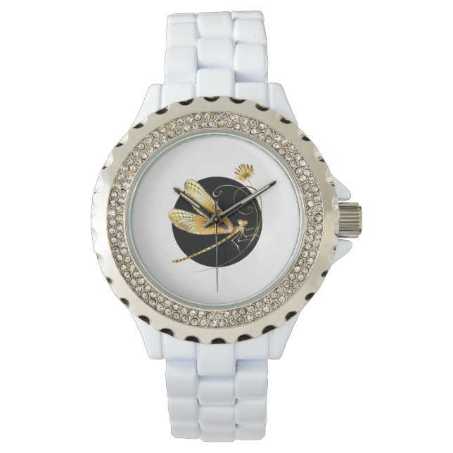 Montre libellule d'or en cercle noir (devant)