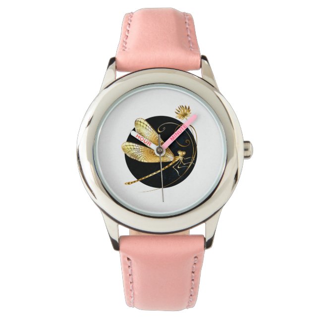 Montre libellule d'or en cercle noir (devant)