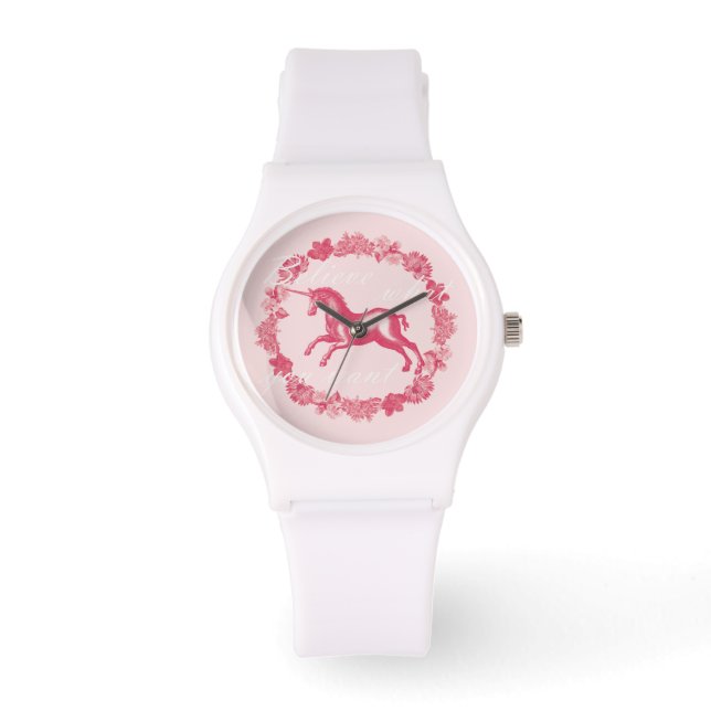 Montre Licorne rose et fleurs (Recto)