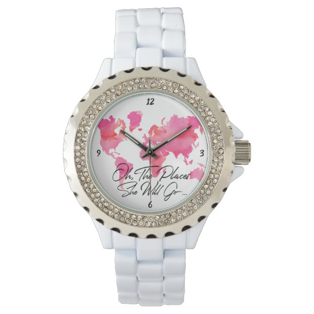 Montre Lieux Où Elle Va Citer Aquarelle Rose Carte Mondia (devant)